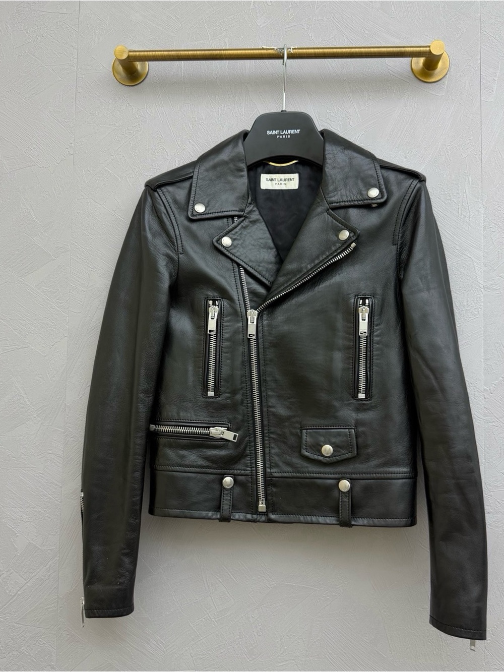 🚩steal Saint Laurent Black Leather Moto Varsity Jacket